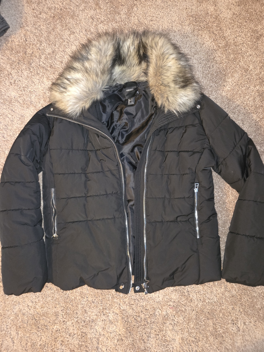 Forever 21 Black Puffer Jacket with Faux Fur Trim